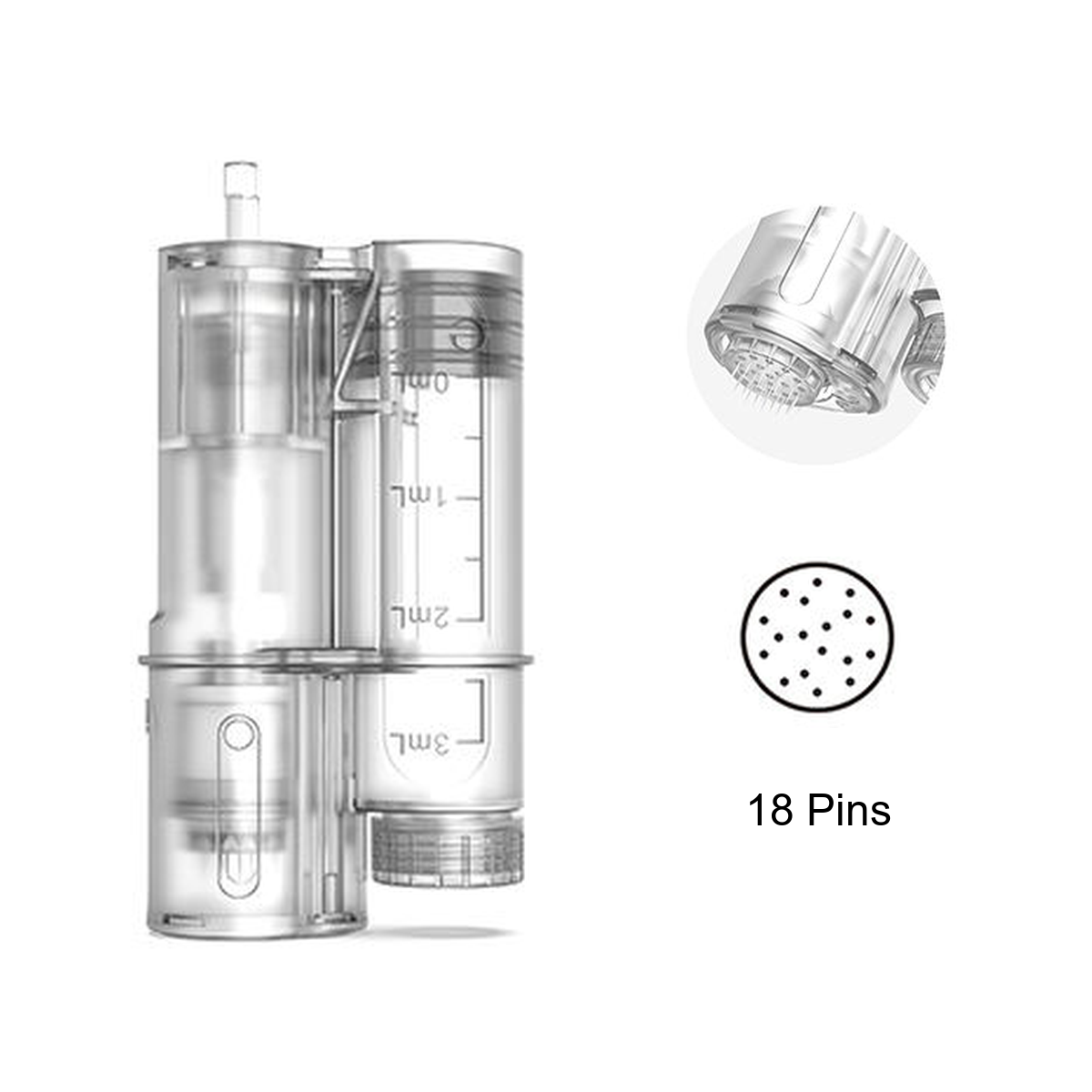 Udskiftningspatron med 18 nåle til Hydra Pen H6 med gradueret beholder og nærbillede af nålespidsen