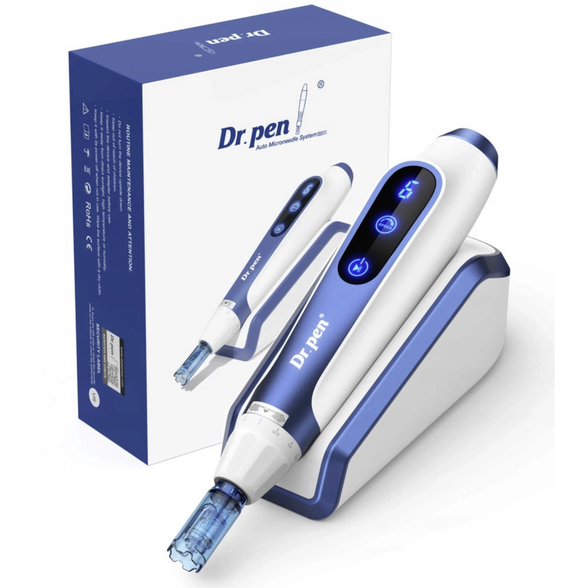 Blå og hvid Dr. Pen A11 på pauseholderen ved siden af den originale produktæske