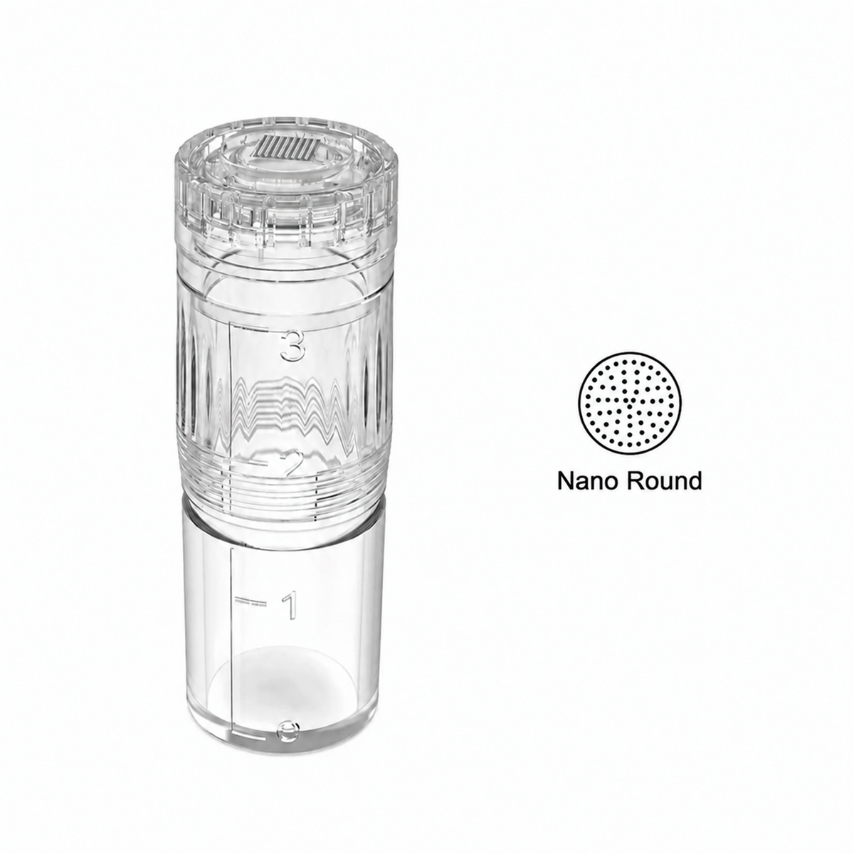 Nano Round-udskiftningspatron til Hydra Pen H3 og H5 med beholder og diagram over den runde spids