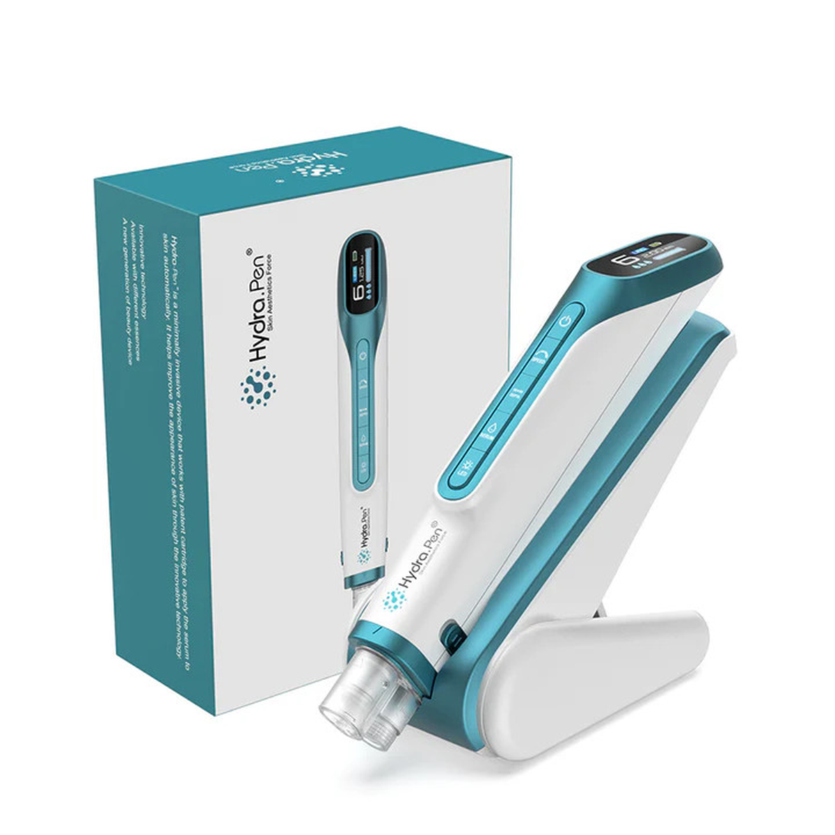Hydra Pen H6 i metallic petrol på holderen ved siden af den matchende produktæske
