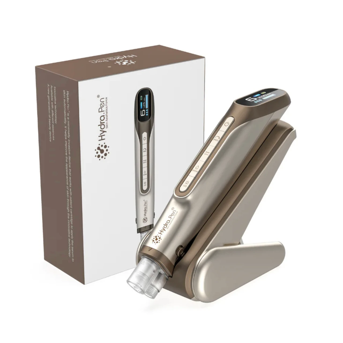 Champagnegylden Hydra Pen H6 på holderen ved siden af den matchende produktæske