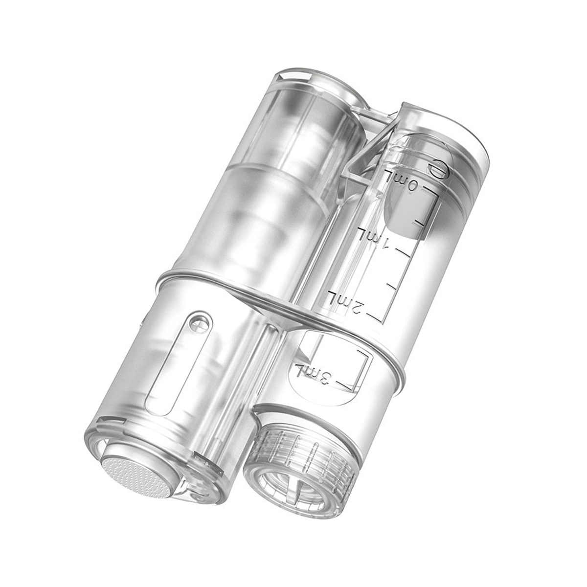 Hydra Pen H6-patronens opbygning med behandlingshovedet ved siden af den tomme beholder på 3 ml