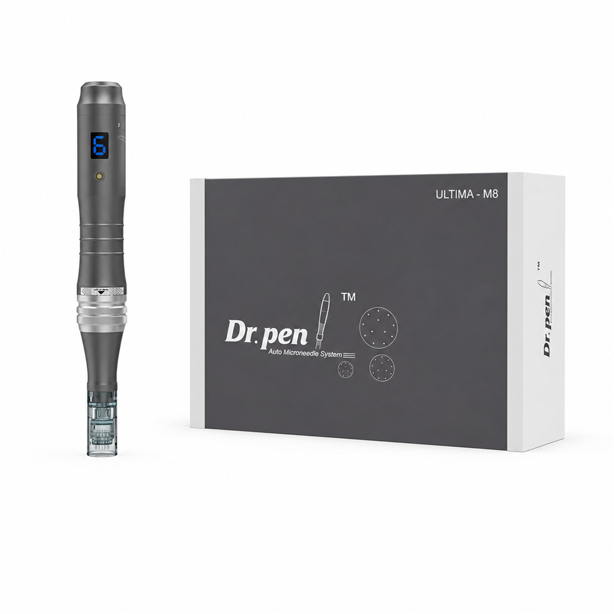 Sølvfarvet Dr. Pen M8-microneedlingpen ved siden af den originale M8-æske