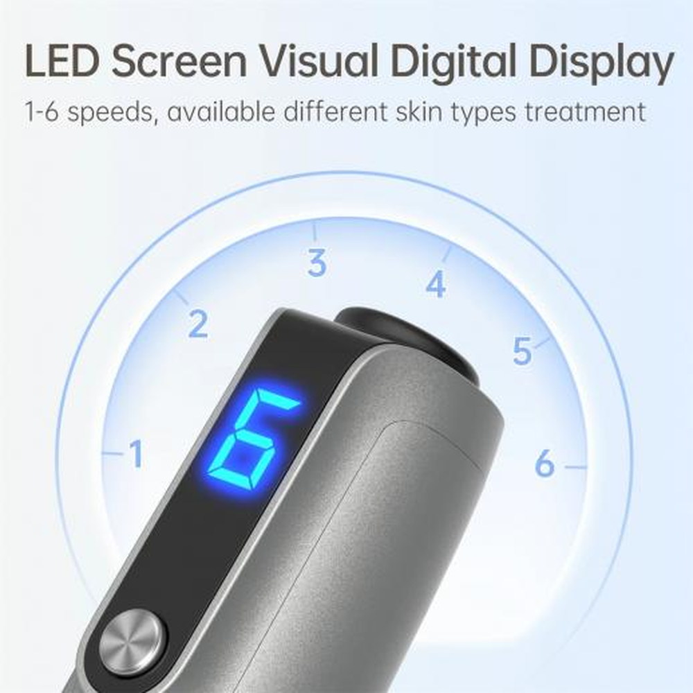 Nærbillede af det digitale display på Dr. Pen M8s med seks hastighedsniveauer