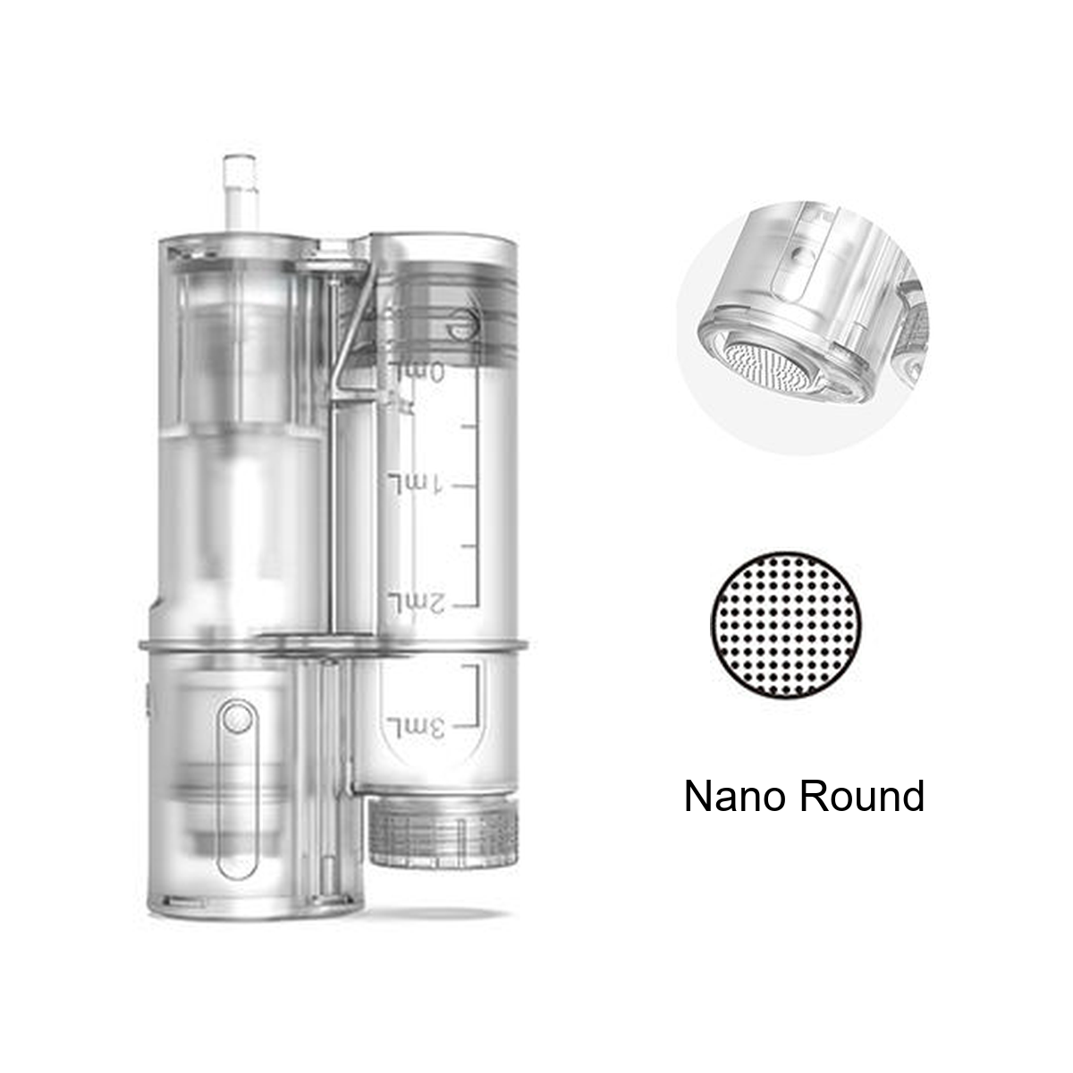 Nano Round-udskiftningspatron til Hydra Pen H6 med gradueret beholder og detalje af den runde kontaktspids