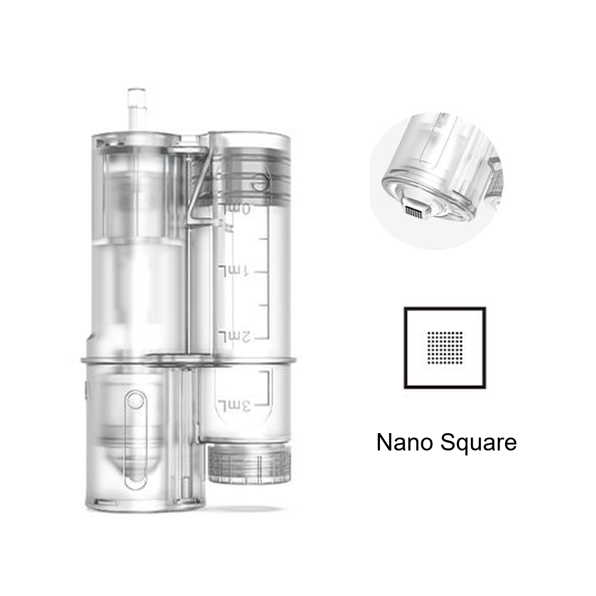 Nano Square-udskiftningspatron til Hydra Pen H6 med gradueret beholder og detalje af den firkantede kontaktspids